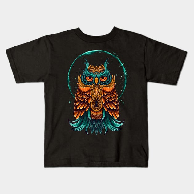 Owl ornament shine fire Kids T-Shirt by Dimas Haryo